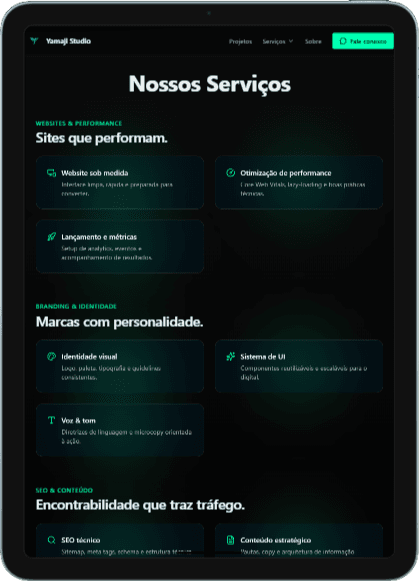 Seção Nossos Serviços do Yamaji Studio em mockup iPad